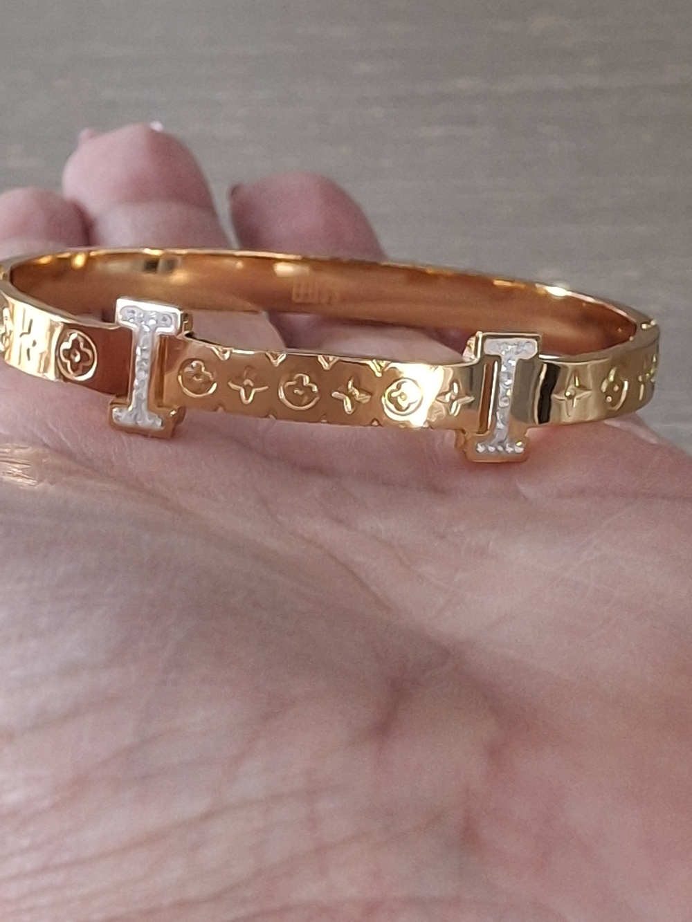 Gold-Tone Women's Hinge Bracelet with Pavé 'I' Accents - Picture 2 of 5